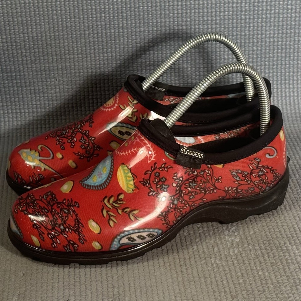 Sloggers Women's Paisley Red Waterproof Slip-On Garden Shoes Size 8 Whimsical